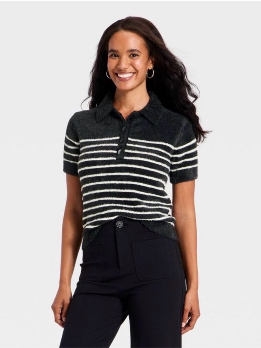 Striped Short-Sleeve Polo Shirt in Black and White